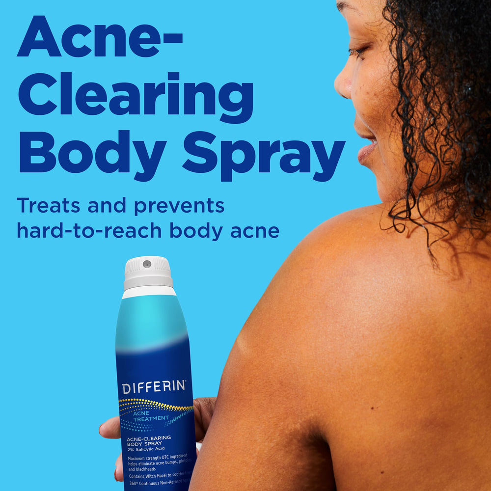 Differin Acne-Clearing Body Spray 360° mist reaching back and shoulders.