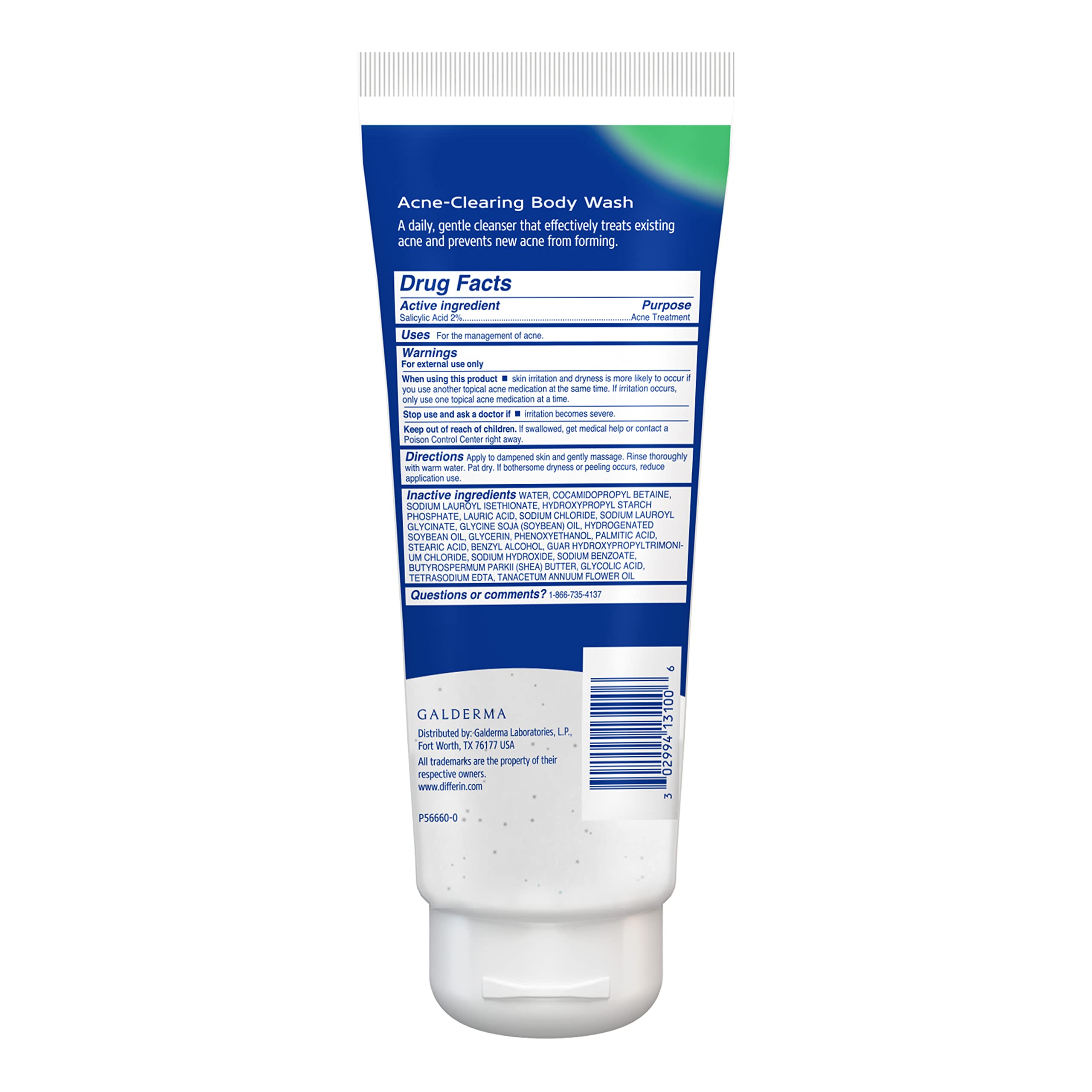 Differin Acne-Clearing Body Wash with blue tansy extract soothes sensitive skin.