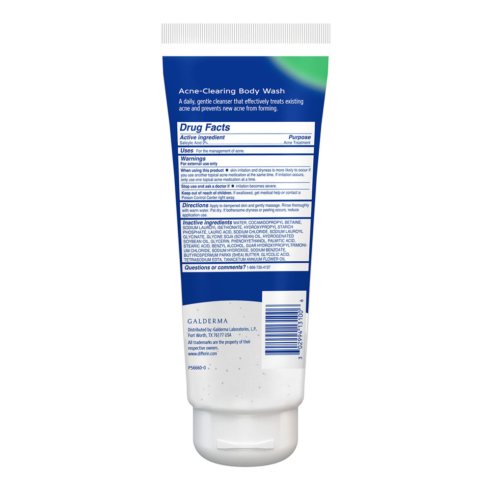 Differin Acne-Clearing Body Wash with blue tansy extract soothes sensitive skin.