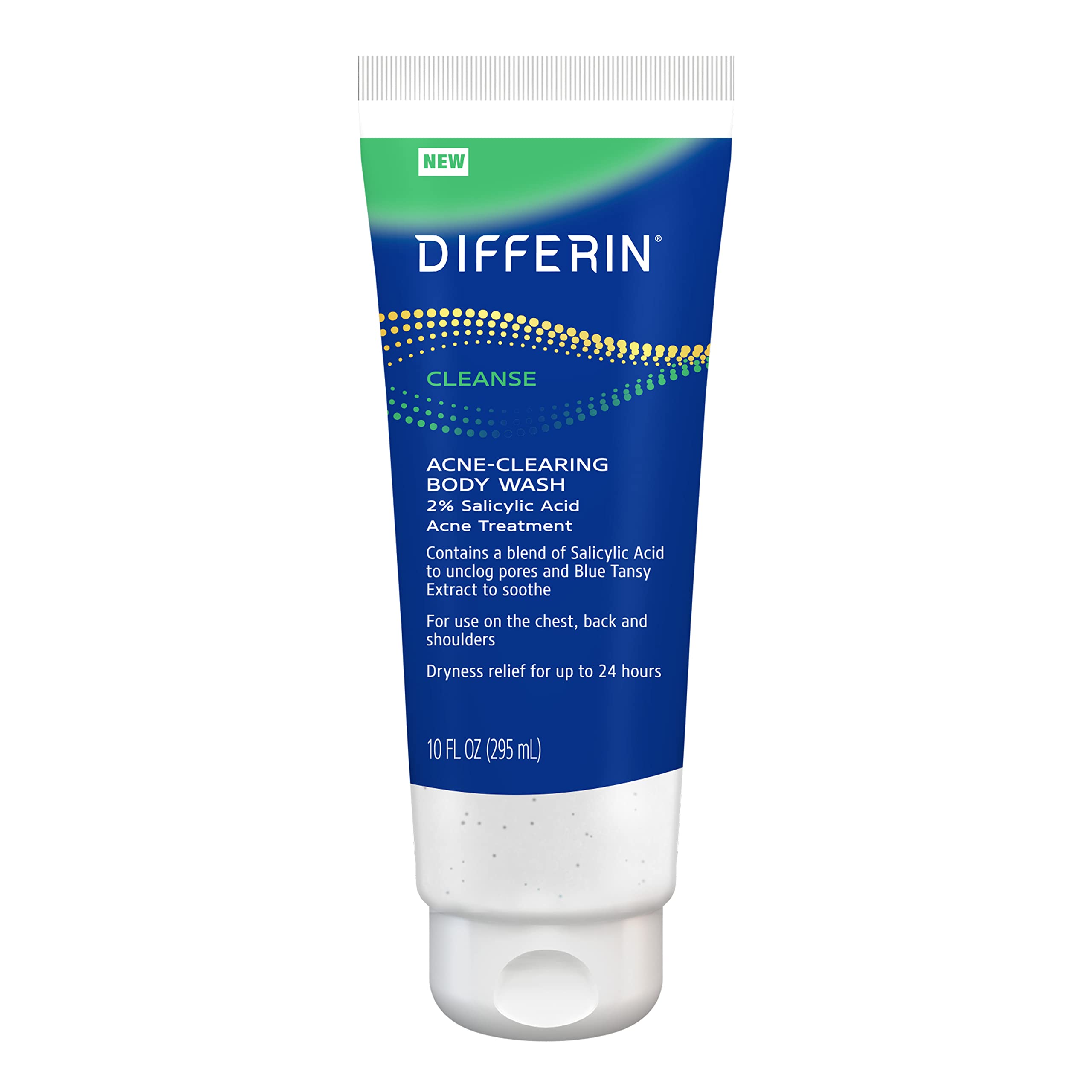 Differin Acne-Clearing Body Wash bottle pouring for a gentle daily cleanse on skin.