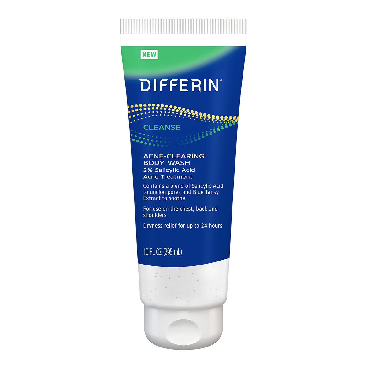 Differin Acne-Clearing Body Wash bottle pouring for a gentle daily cleanse on skin.