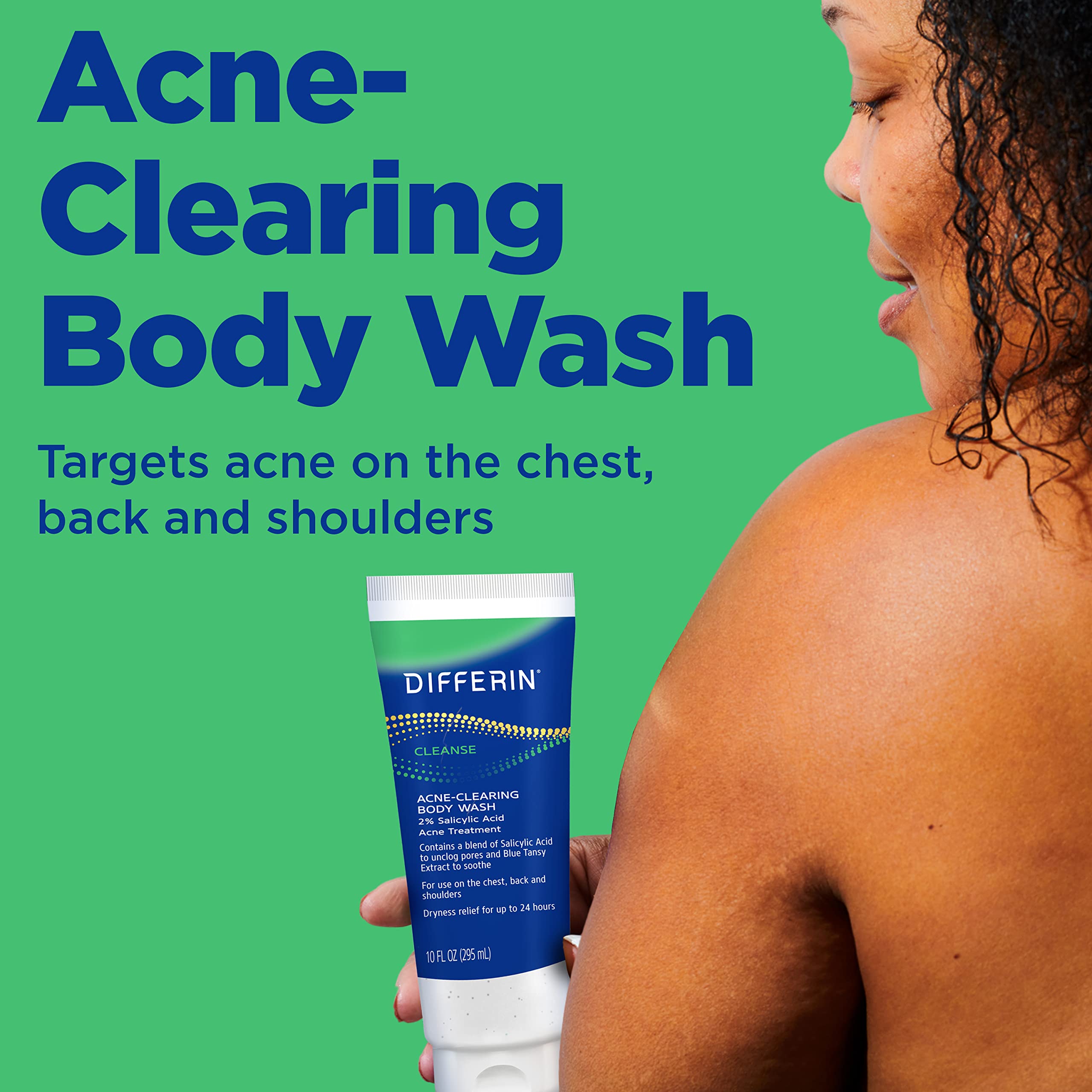 Differin Acne-Clearing Body Wash cream-to-lather texture for deep cleansing.