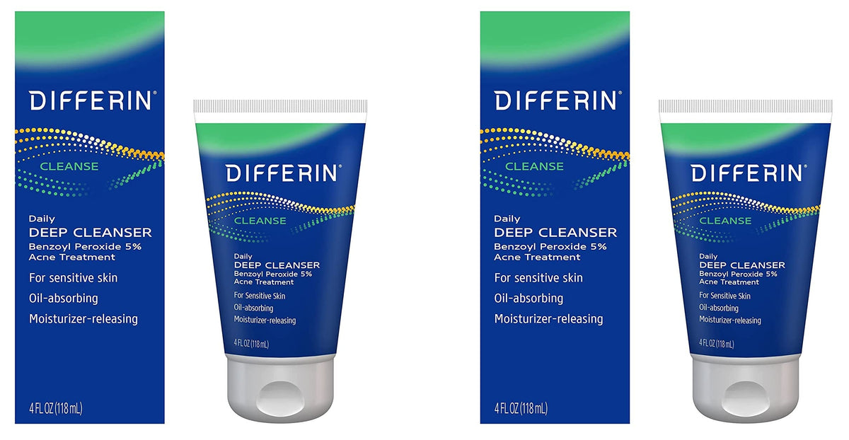 Differin Acne Face Wash bottle with 5% benzoyl peroxide for deep cleansing and oil control.
