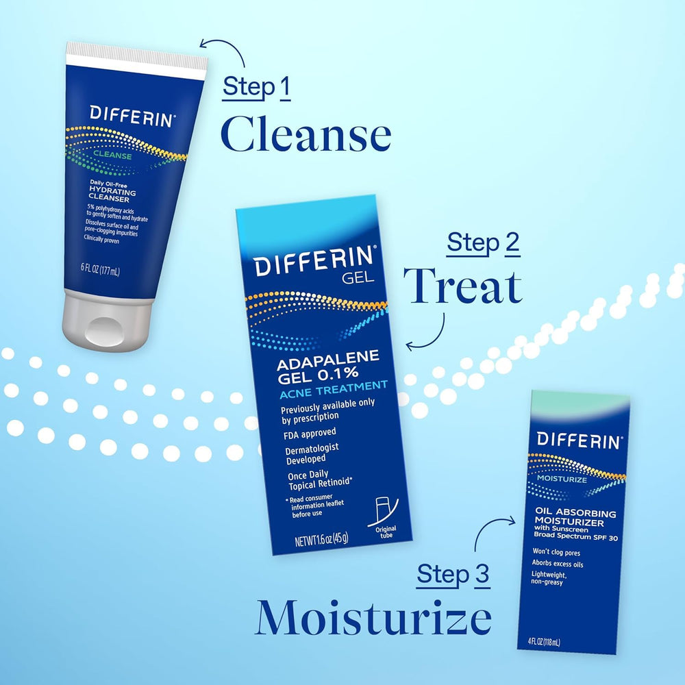 Bathroom shelf with Differin gel emphasizes convenient daily routine for clear-looking skin.