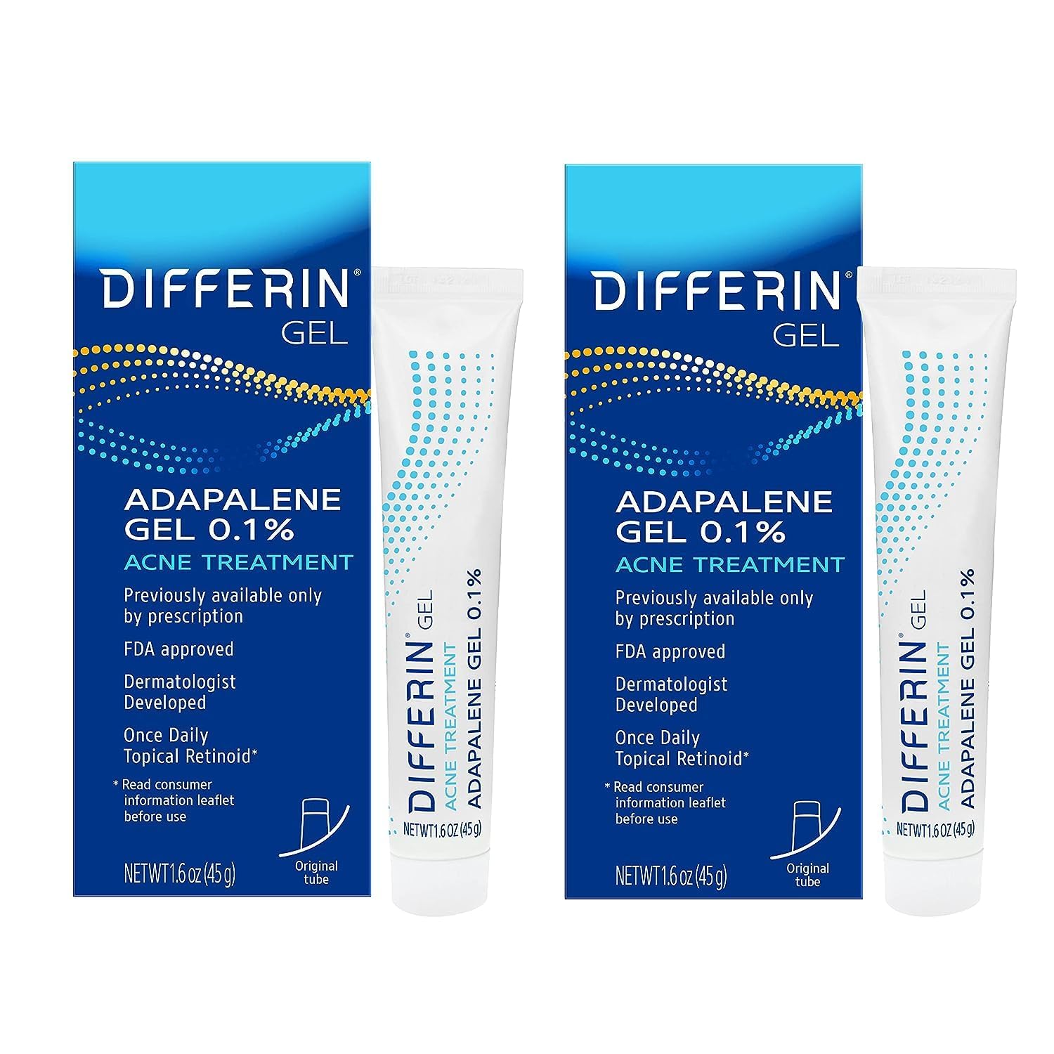 Differin acne treatment gel tube 45g ready for daily use to help clear breakouts.