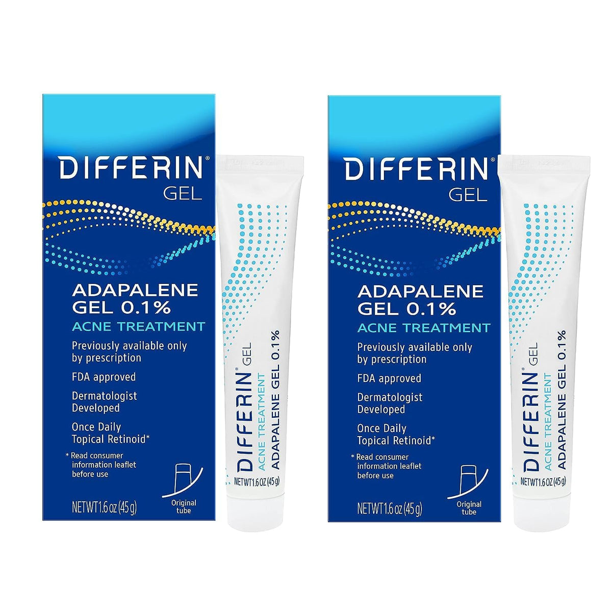 Differin acne treatment gel tube 45g ready for daily use to help clear breakouts.