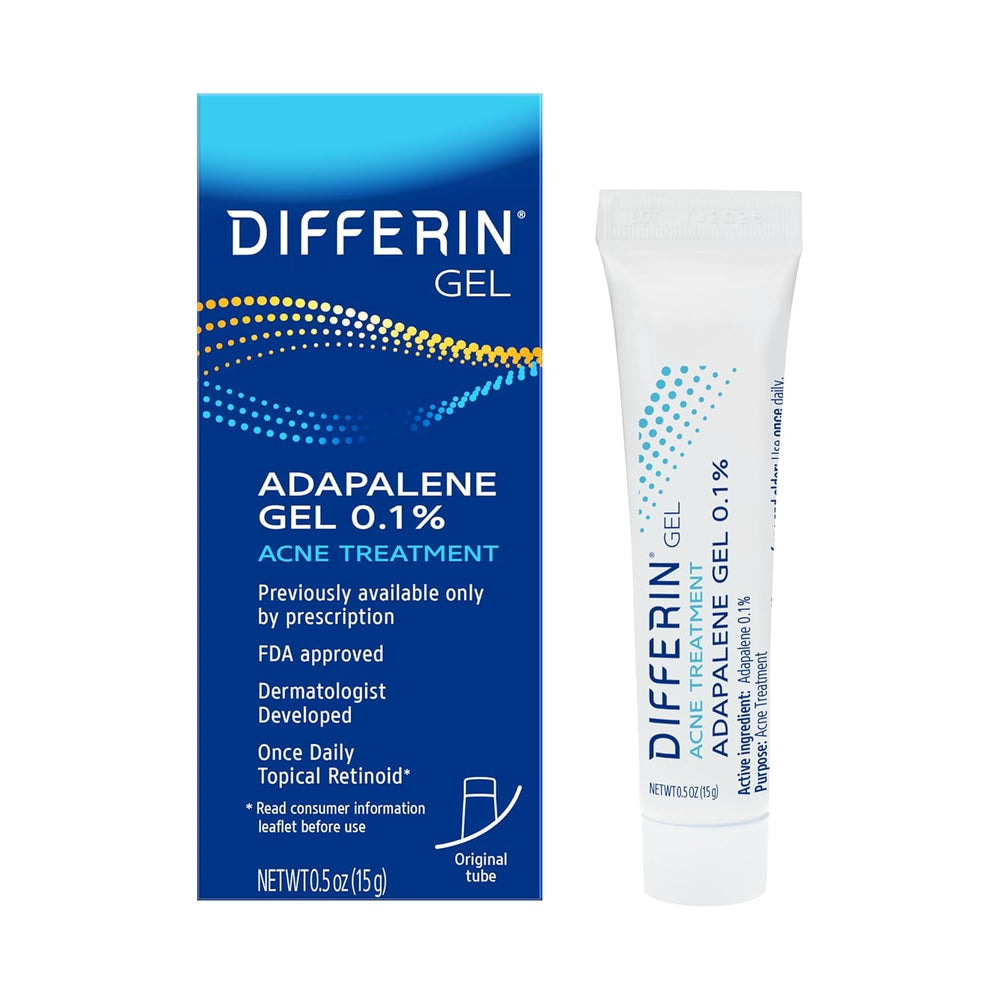 Differin acne treatment gel tube front for convenient daily use.