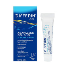 Differin acne treatment gel tube front for convenient daily use.