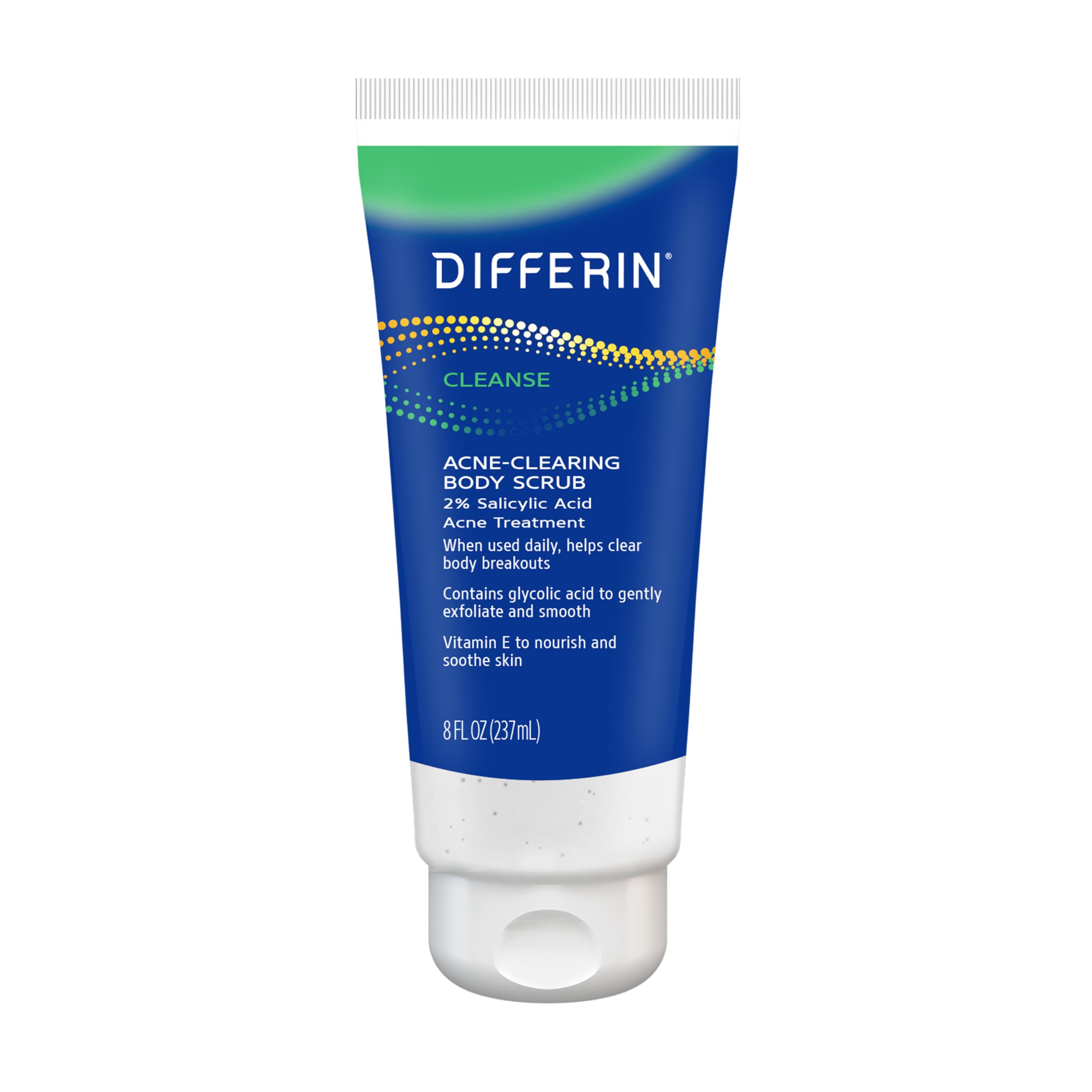Differin body scrub beads exfoliate for smoother skin on the back and shoulders.