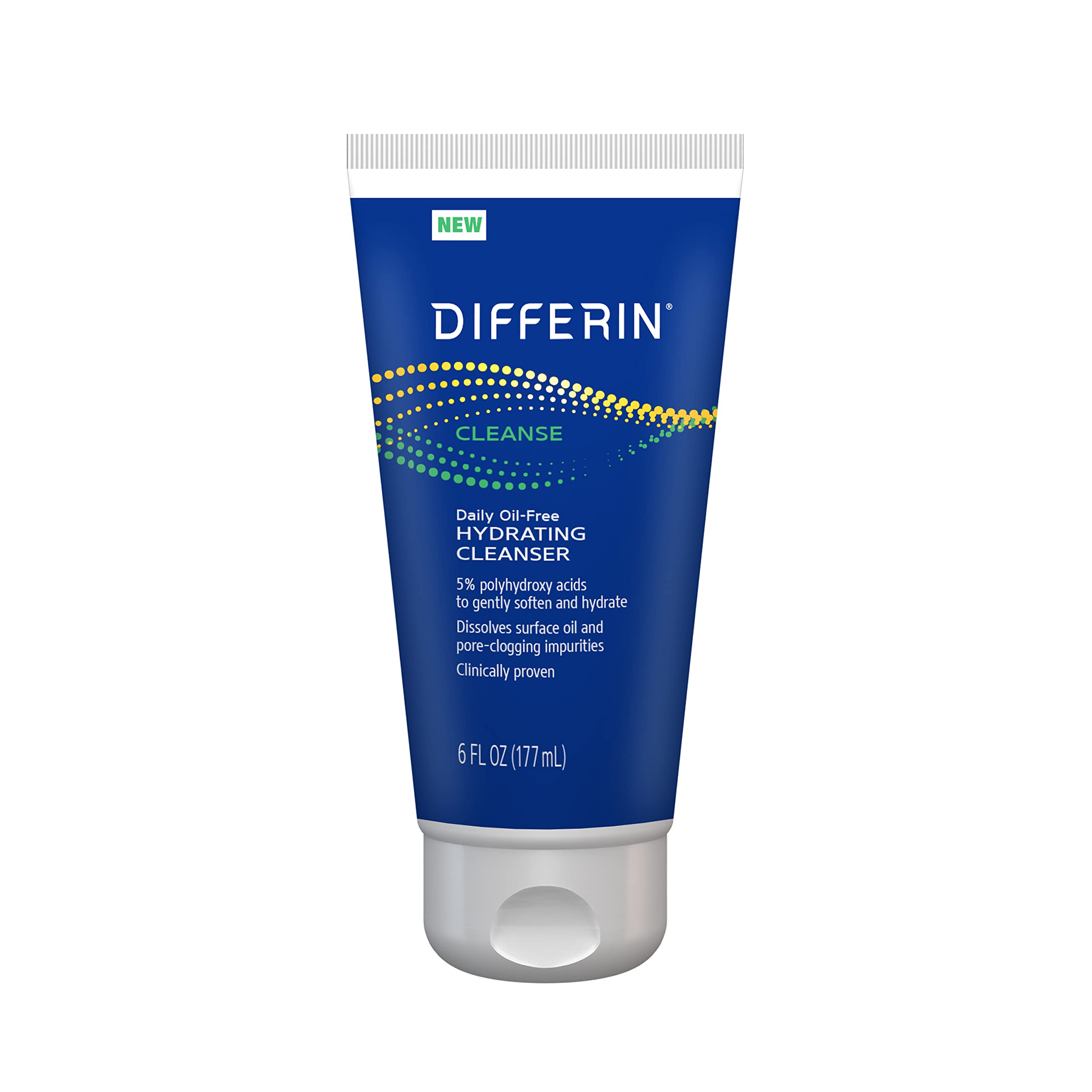 Differin cleanser bottle-pump demonstrates oil-free hydration for oily skin.
