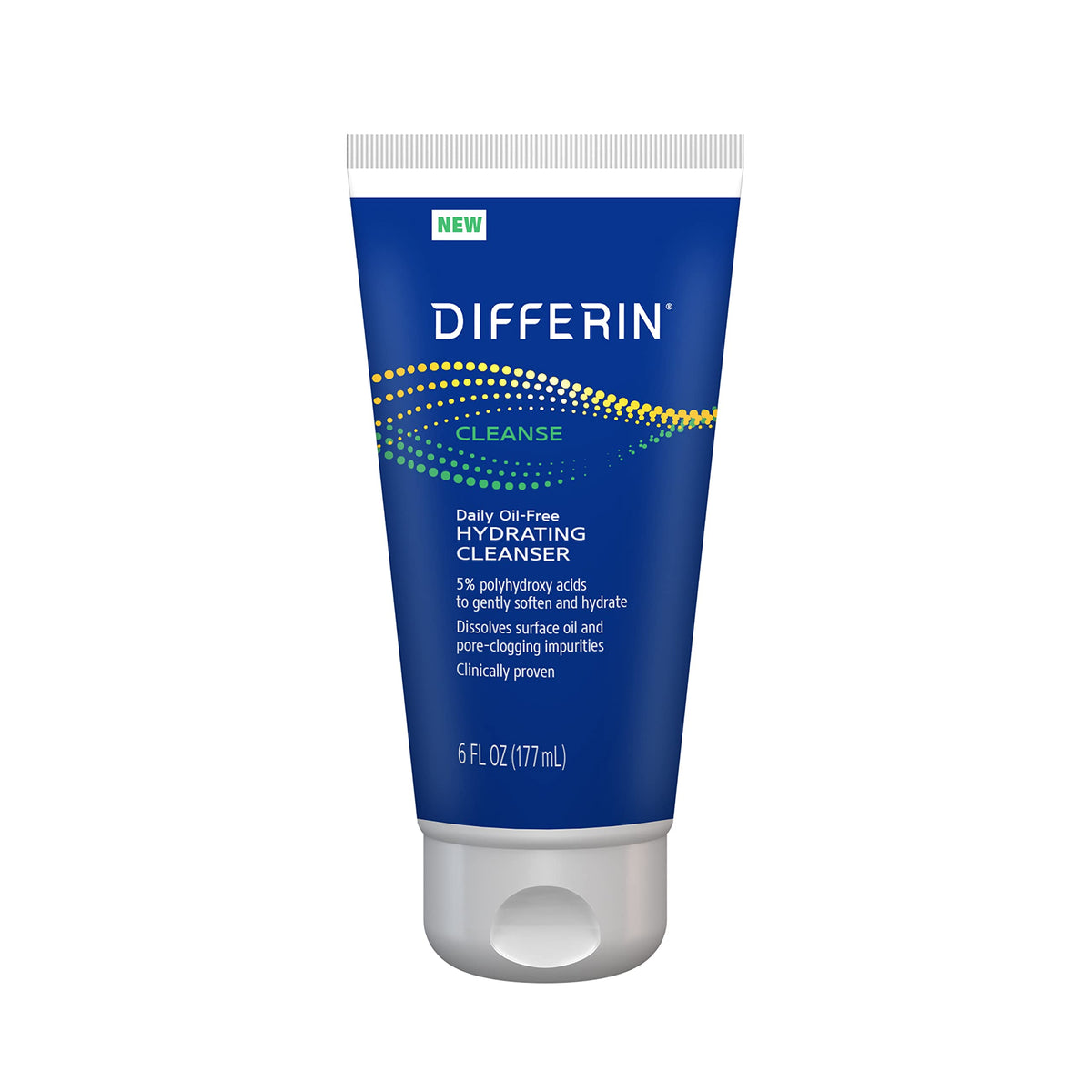 Differin cleanser bottle-pump demonstrates oil-free hydration for oily skin.