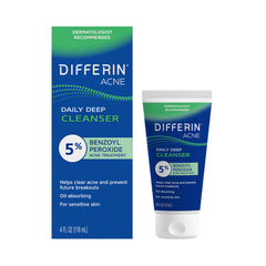 Differin Daily Deep Cleanser bottle close-up with 5% benzoyl peroxide for clear pores