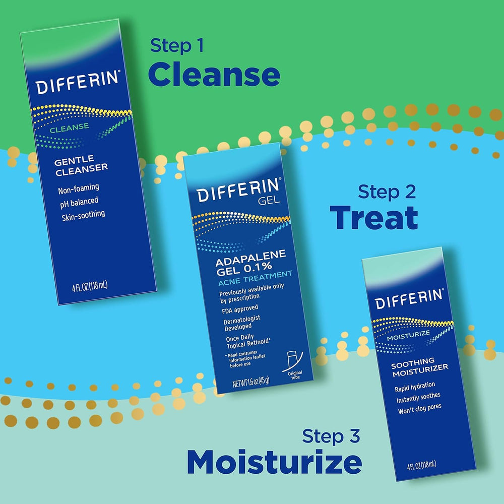 Differin packaging highlights minimal ingredients and gentle care.