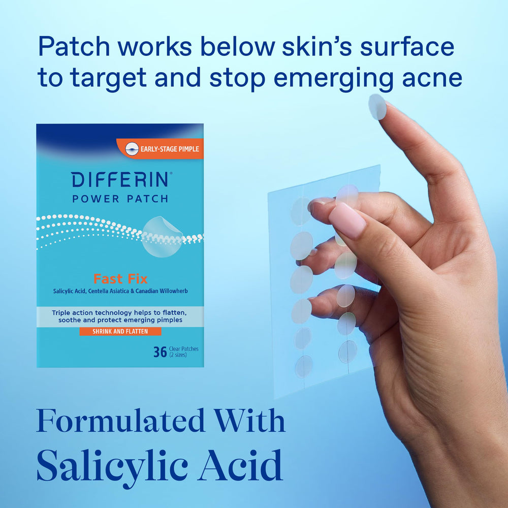 Close-up of Fast Fix patches applied to skin for discreet daytime treatment