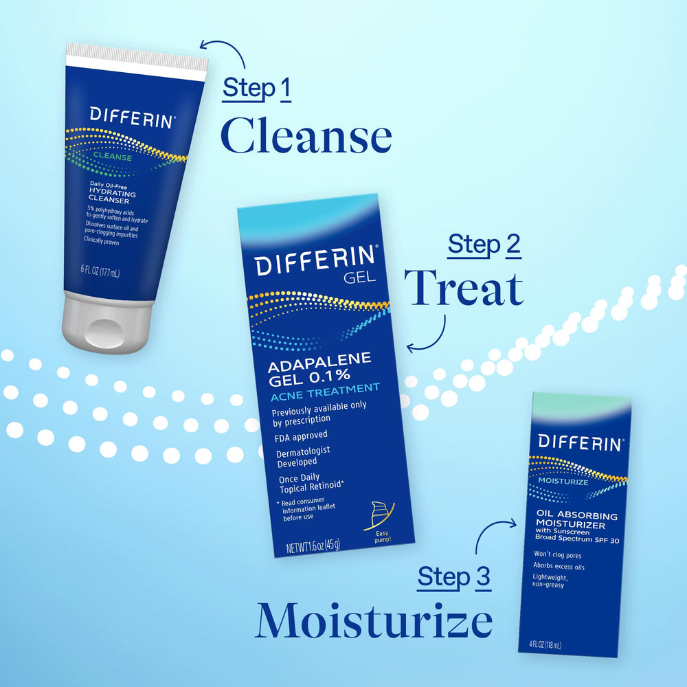 Differin Gel bottle with clear label supports morning or evening routines.