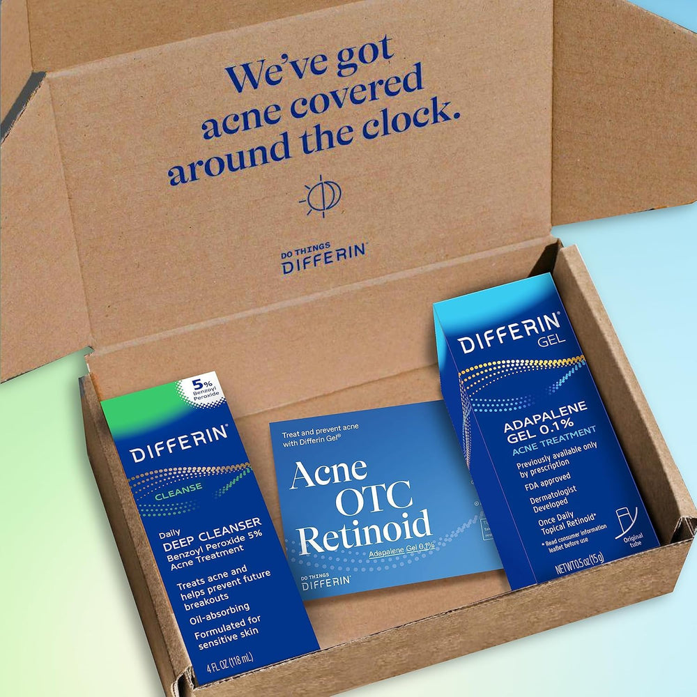 Differin kit on bathroom shelf with simple, uncluttered skincare plan.