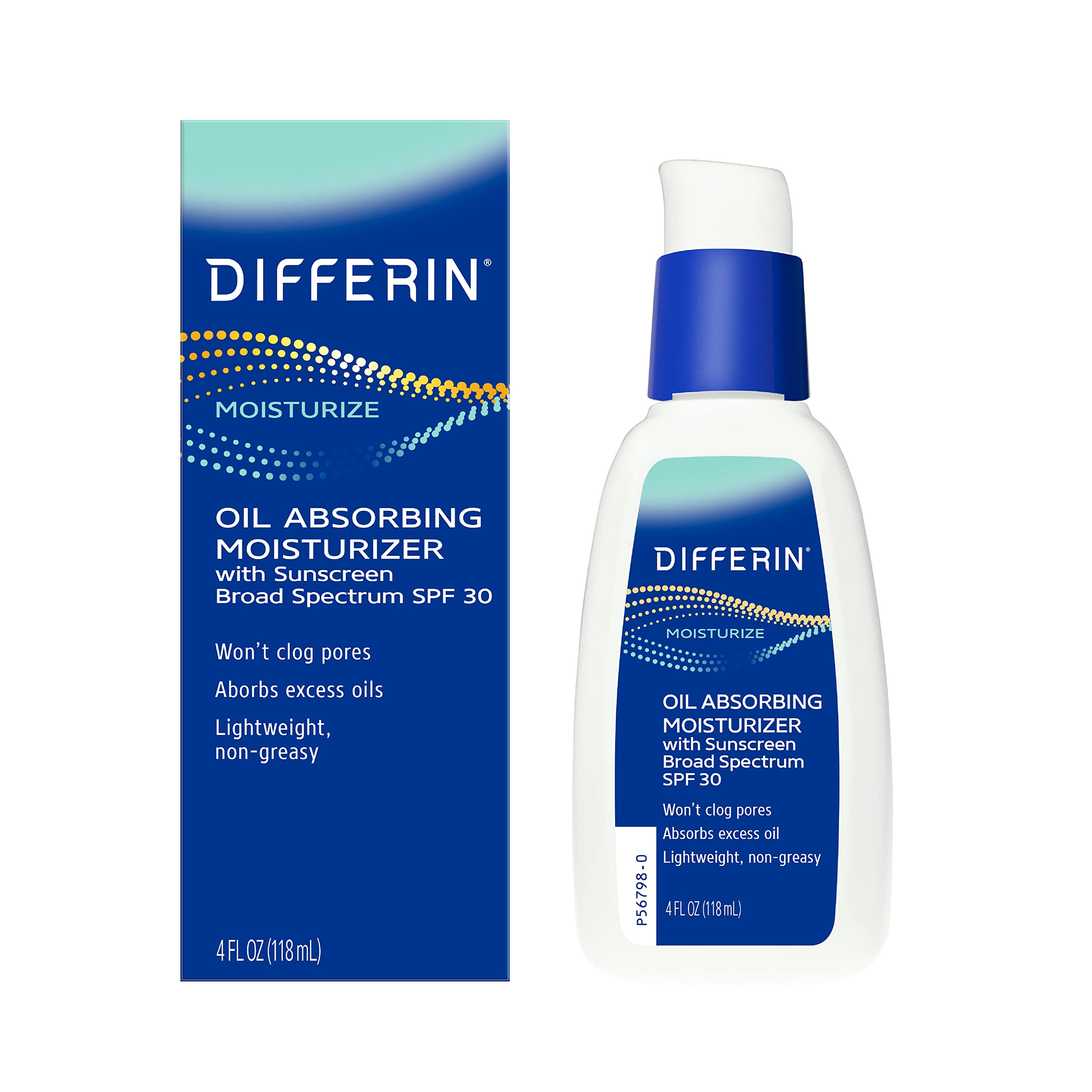 Differin Oil Absorbing Moisturizer SPF 30 bottle shown, oil-free hydration for acne-prone skin.