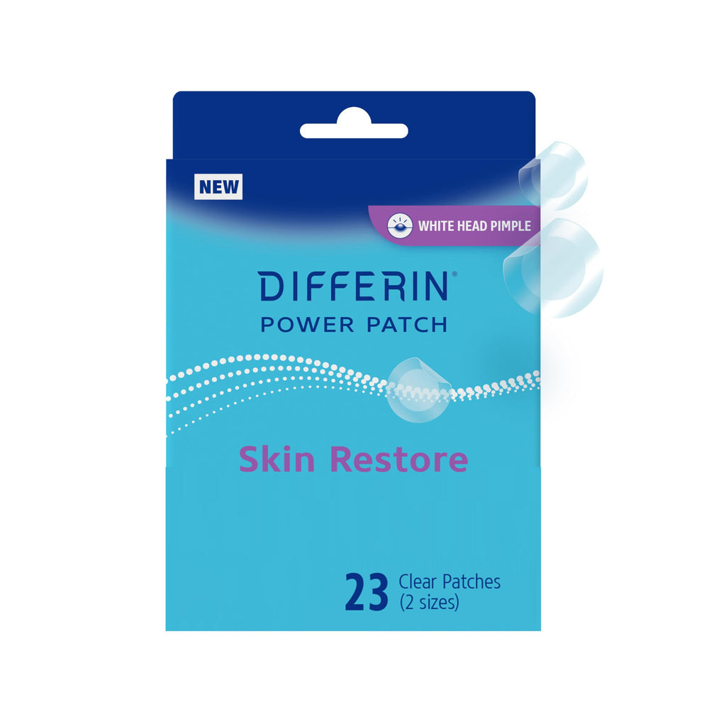 Differin Power Patch box front showing 23-count packaging for discreet blemish coverage.