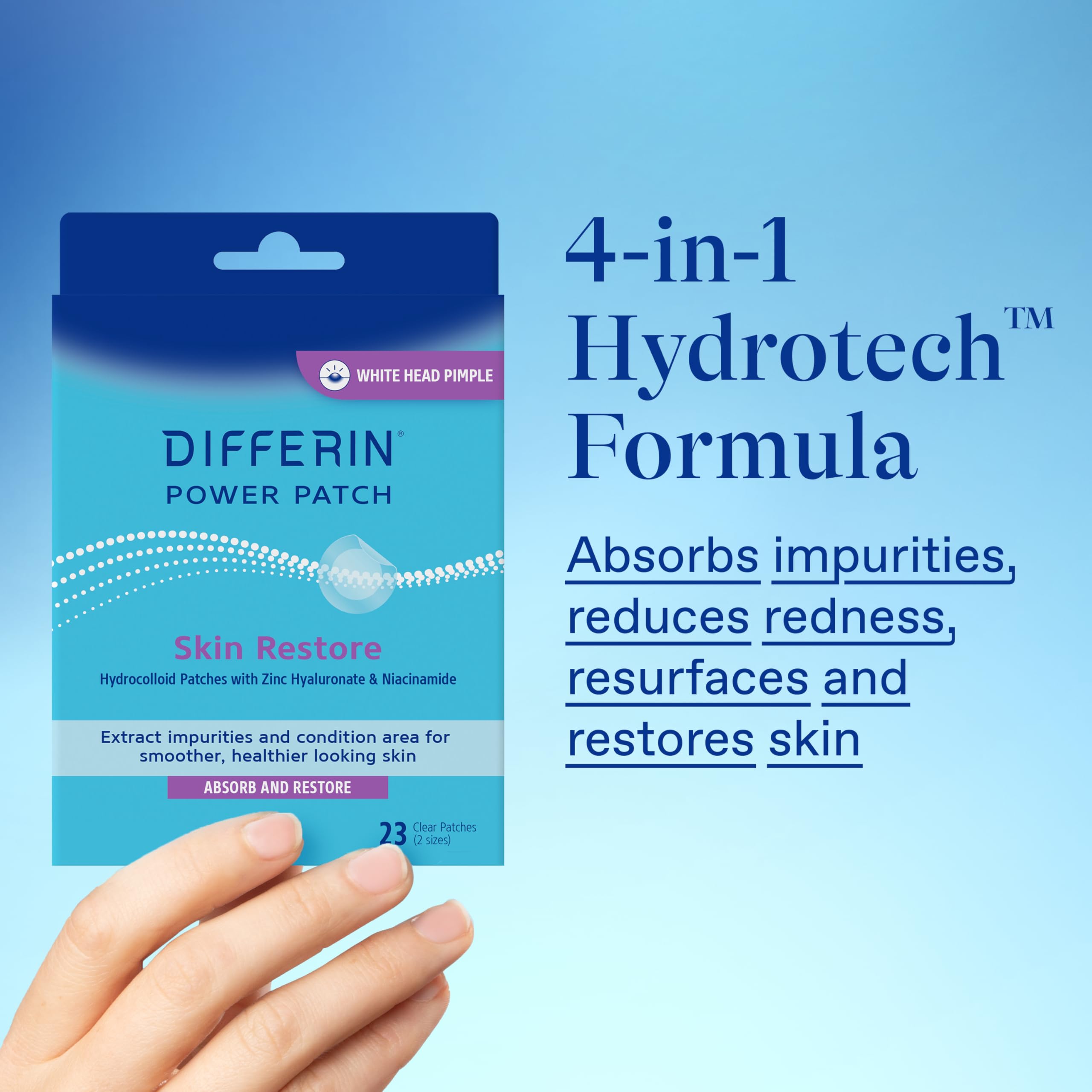 Differin Power Patch ingredients graphic highlights zinc hyaluronate and salicylic acid.