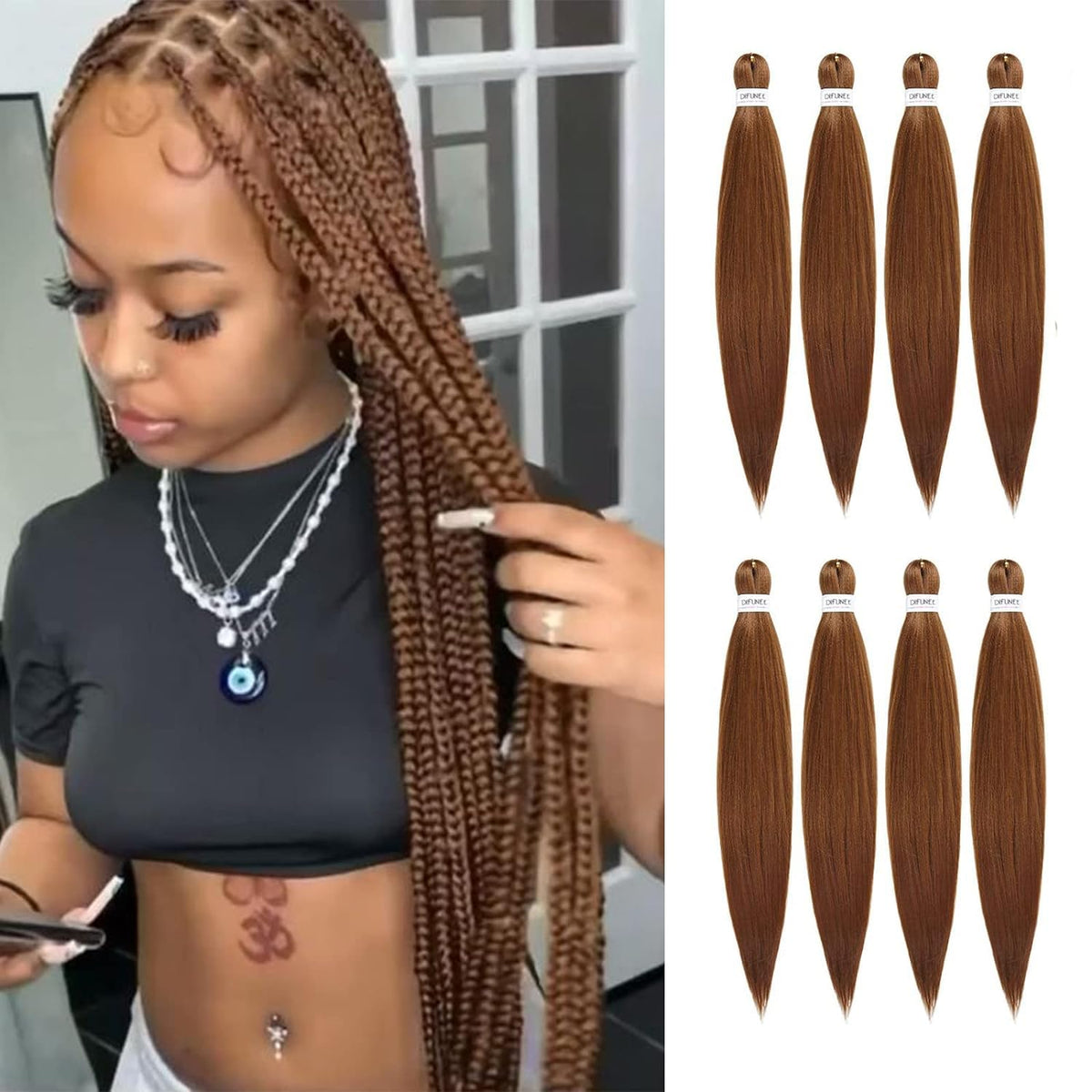 DIFUNEE pre-stretched braiding hair 24-inch bundle pack for quick, smooth braiding and full style.