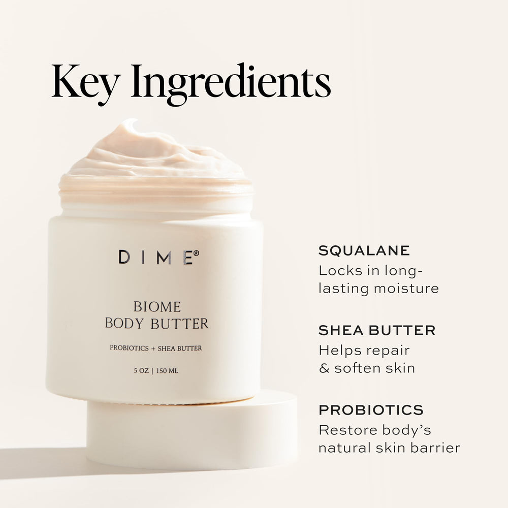 DIME Biome Body Butter in routine shot with lavender and aloe.