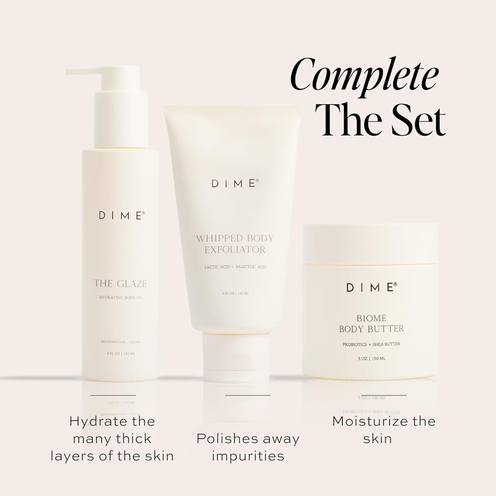 DIME Biome Body Butter ingredients highlight shea and vitamins for nourished skin.