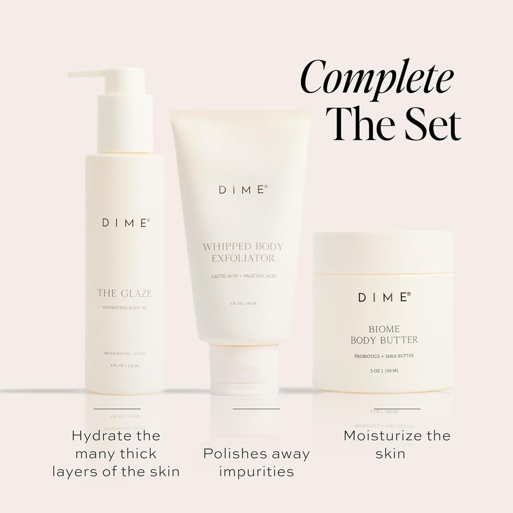 DIME Biome Body Butter ingredients highlight shea and vitamins for nourished skin.