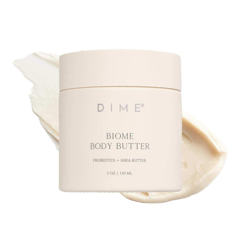 DIME Beauty Biome Body Butter packaging signals vegan, cruelty-free hydration.