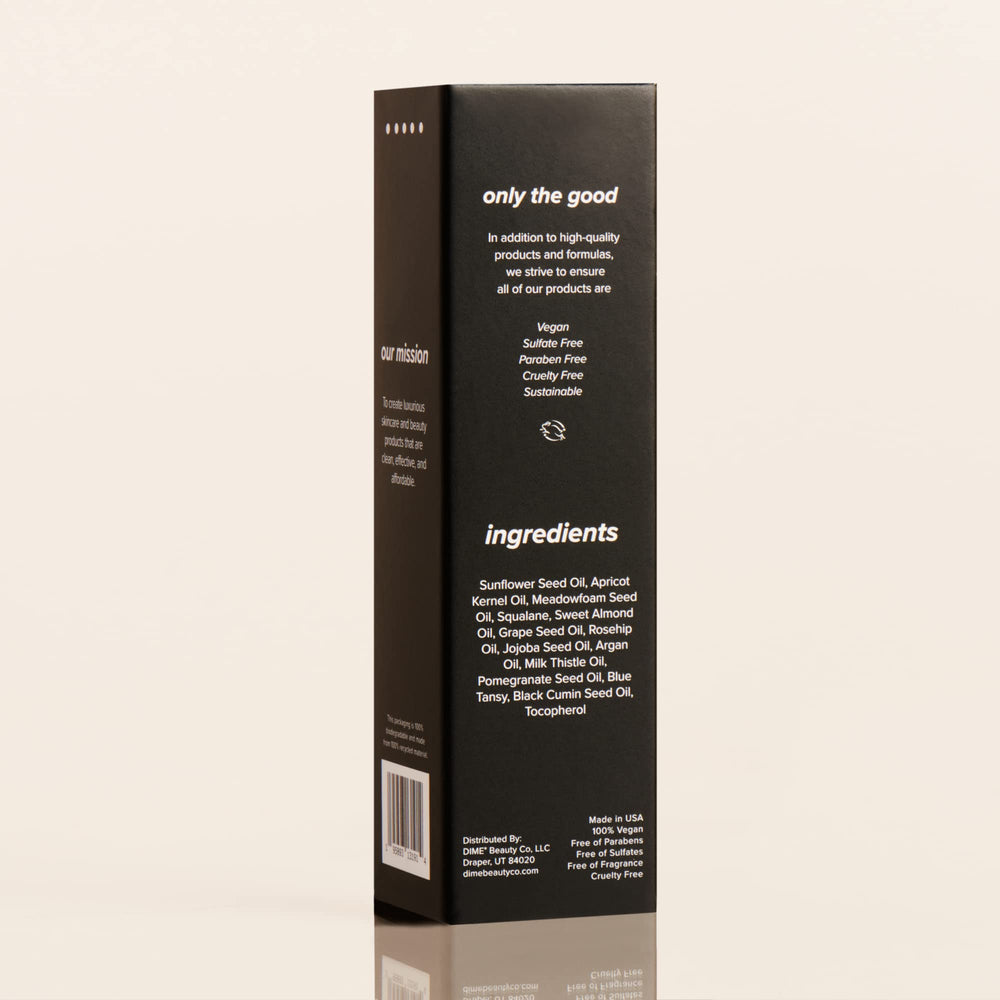 DIME Beauty Blue Facial Oil packaging reflects sustainable, vegan skincare.