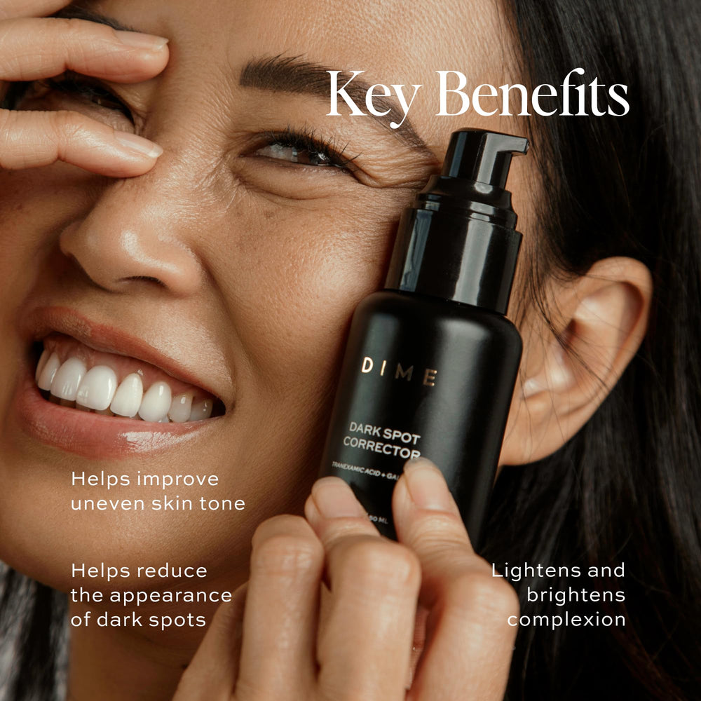 User applies serum to cheek to support an even-looking complexion.
