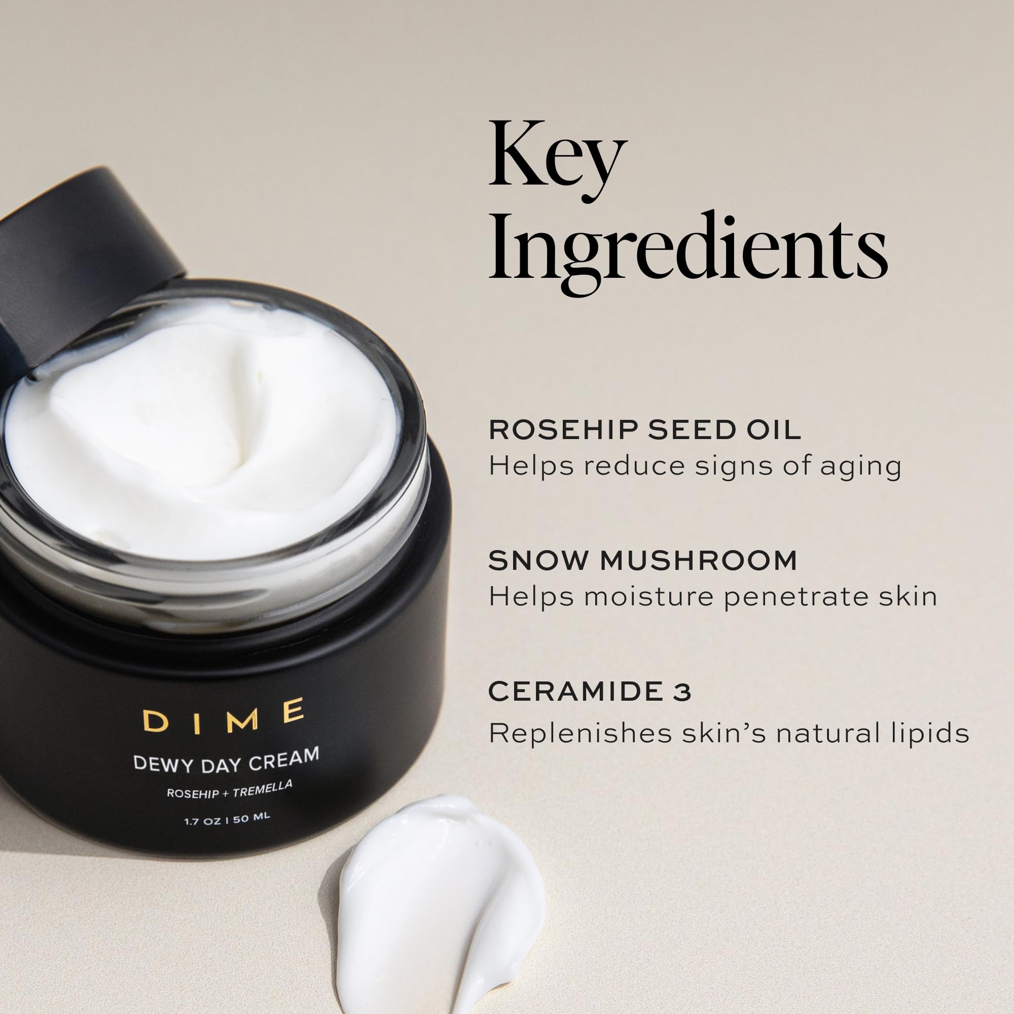 DIME Beauty Dewy Day Cream on skin demonstrating a dewy finish.