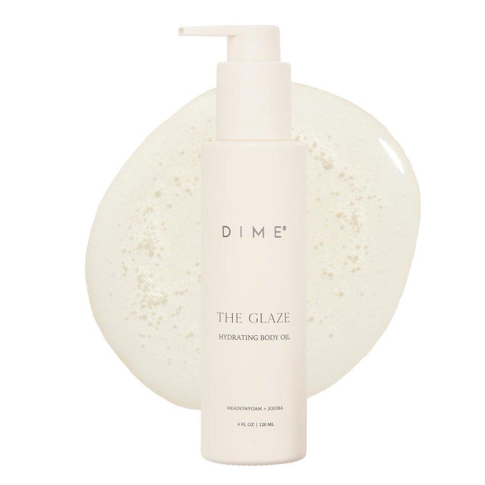 DIME Beauty Glaze bottle close-up demonstrating fast-absorbing hydrating oil.