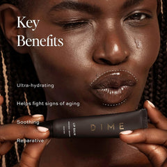 DIME Lip Balm application swirl demonstrates smooth, even moisture on lips.
