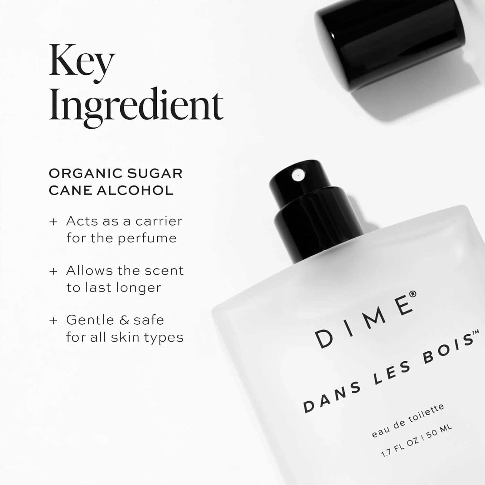 DIME Dans Les Bois top-notes image conveys fresh earthy opening for everyday wear.