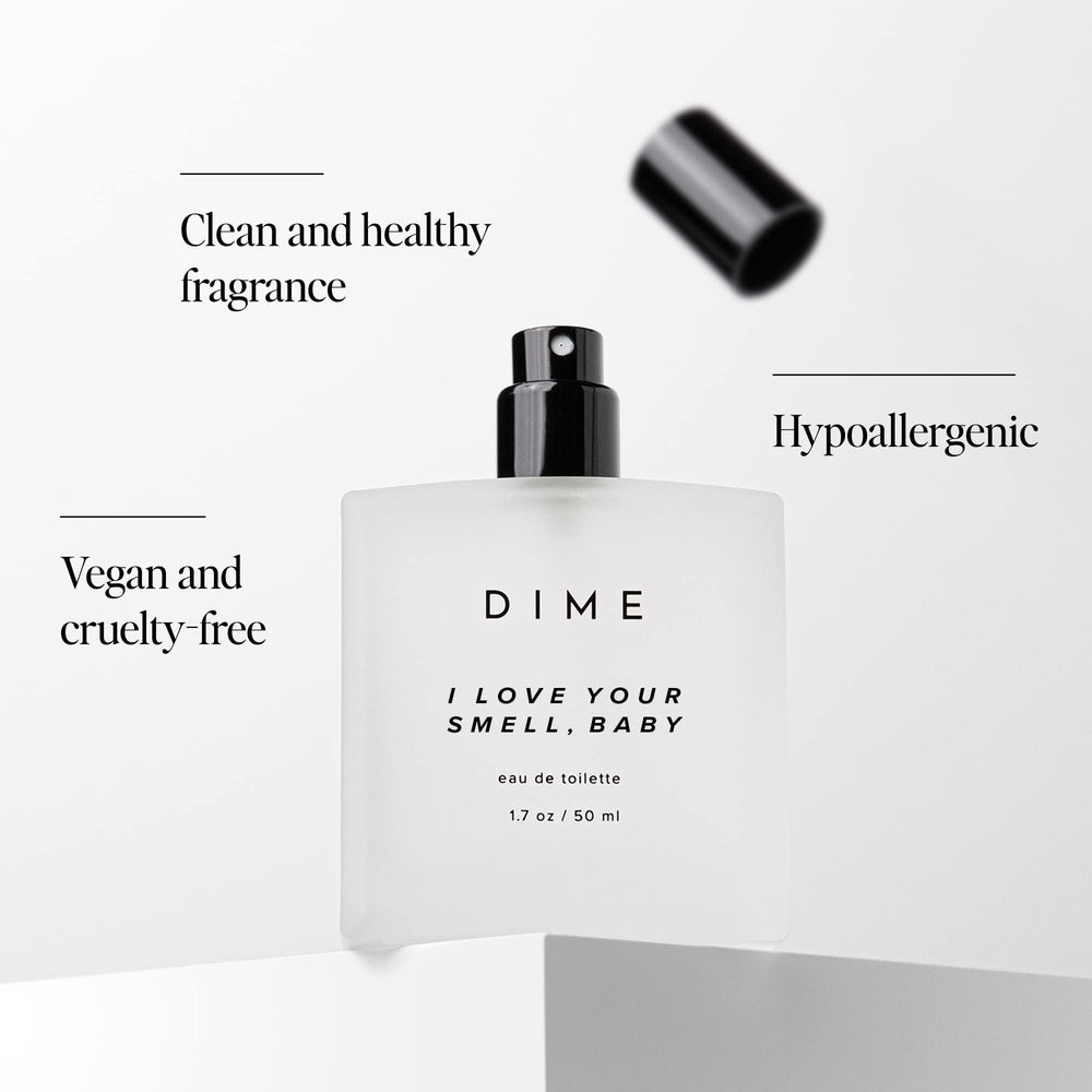 DIME Beauty I Love Your Smell Baby close-up bottle shows sparkling notes and vanilla base.