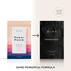 Close-up of DIME Power Patch packaging emphasizing sustainability.