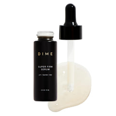 DIME Beauty Super Firm Serum bottle close-up, silky texture boosts radiance