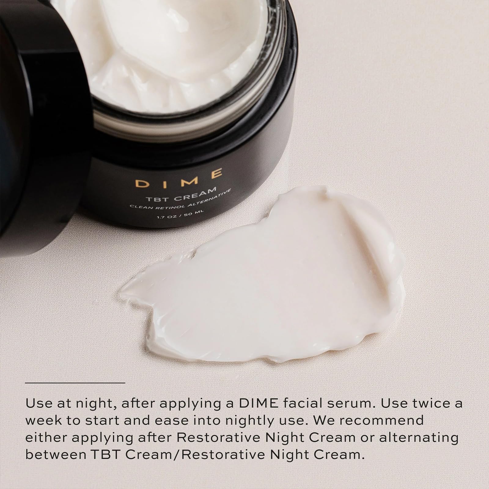 DIME Beauty TBT Cream packaging emphasizes sustainable, vegan, cruelty-free design.