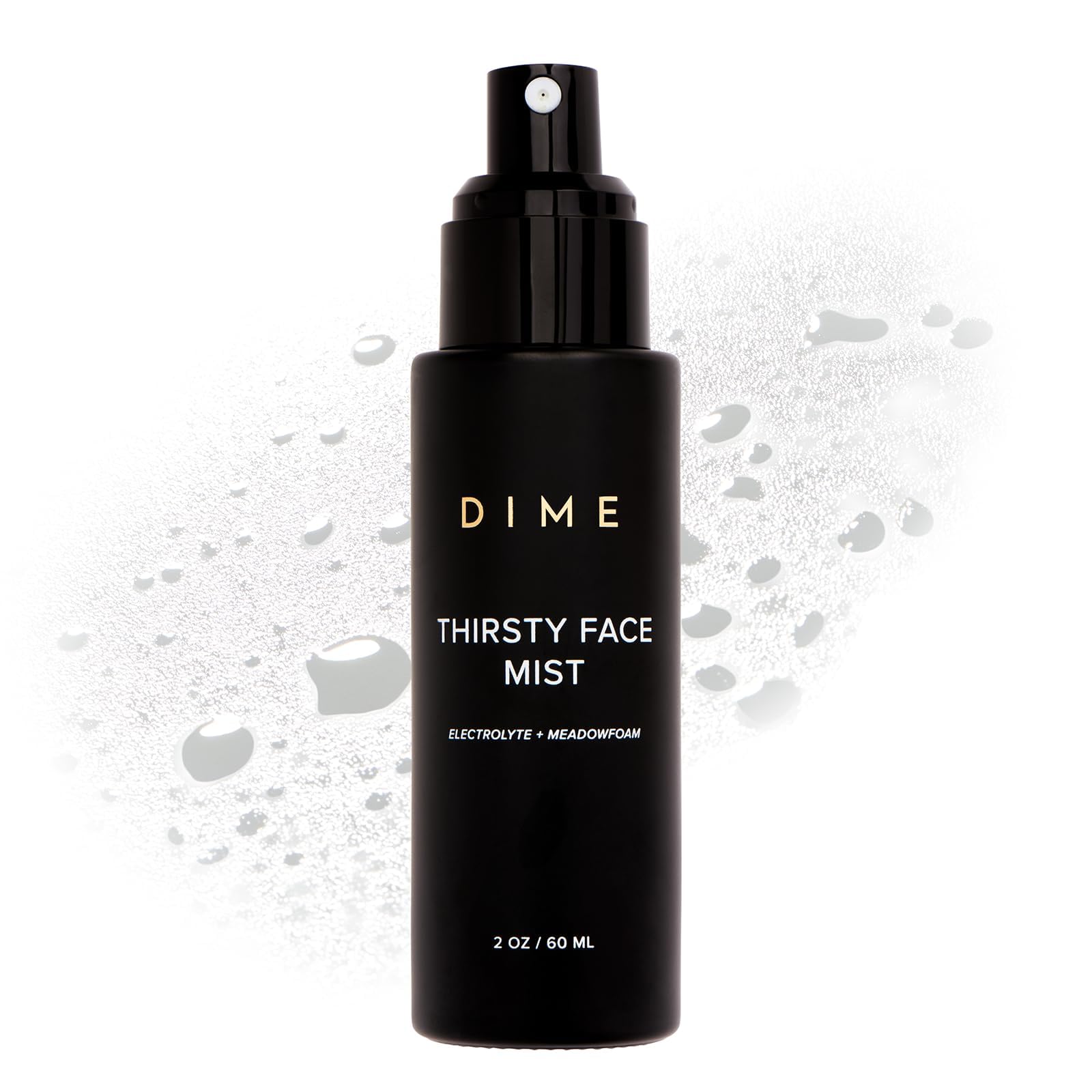 DIME Beauty Thirsty Face Mist bottle close-up showing refreshing hydration for on-the-go skin.
