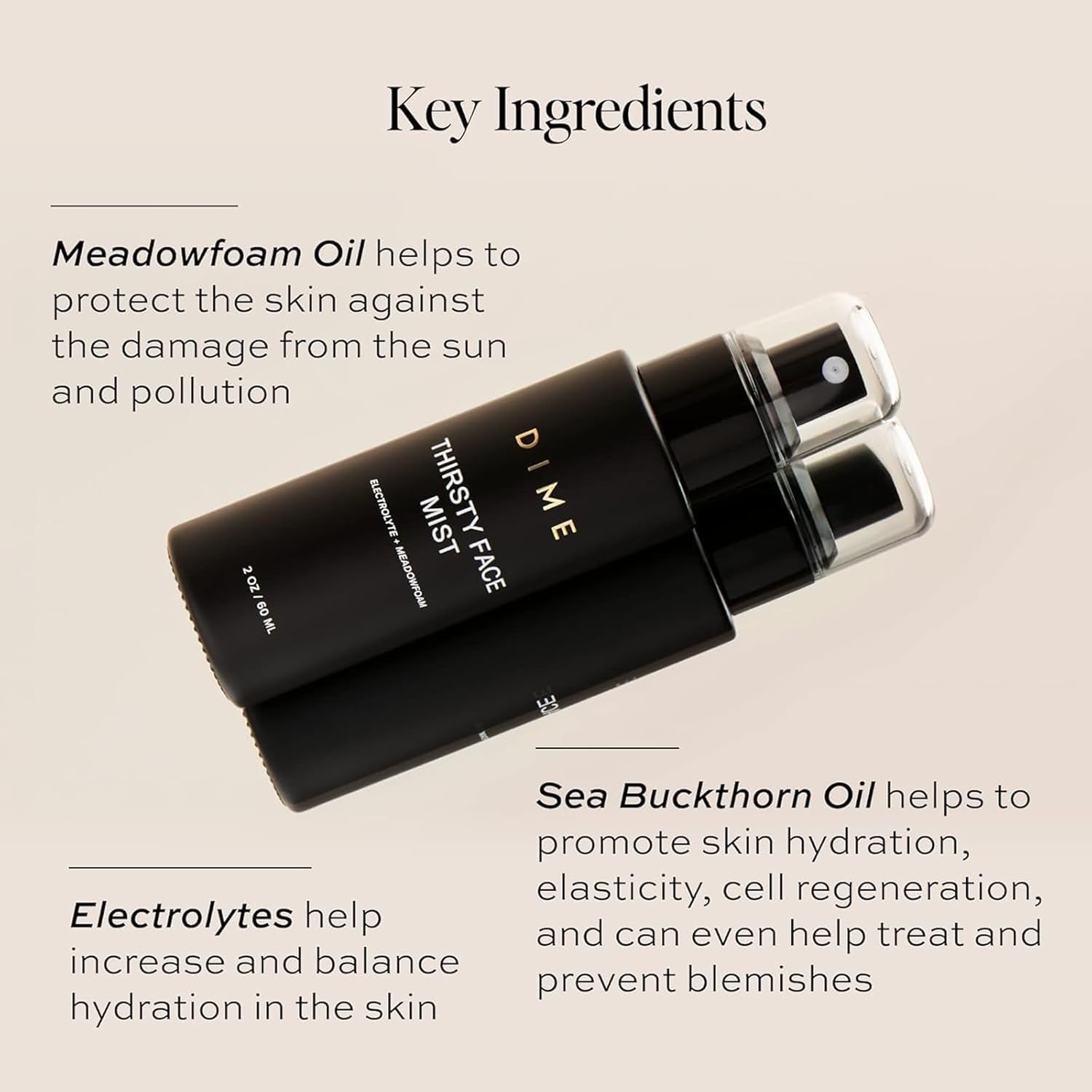 DIME Beauty Thirsty Face Mist meadowfoam-oil close-up shows nourishing hydration.