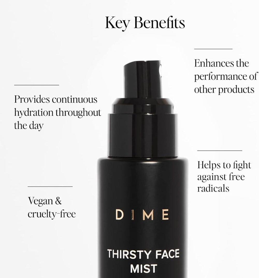 DIME Beauty Thirsty Face Mist sea-buckthorn-oil drop highlights antioxidant-rich hydration.