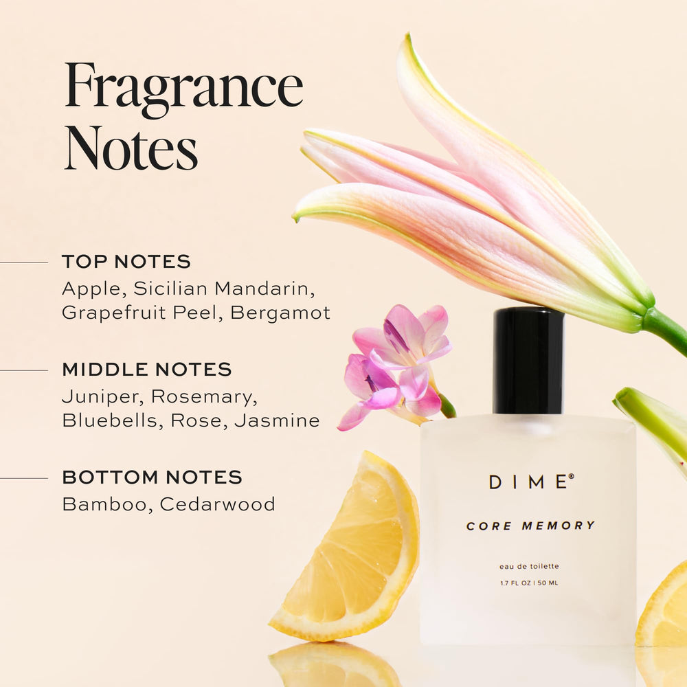 DIME Core Memory notes-closeup illustrating fruity citrus and herbal heart for uplifting moments.