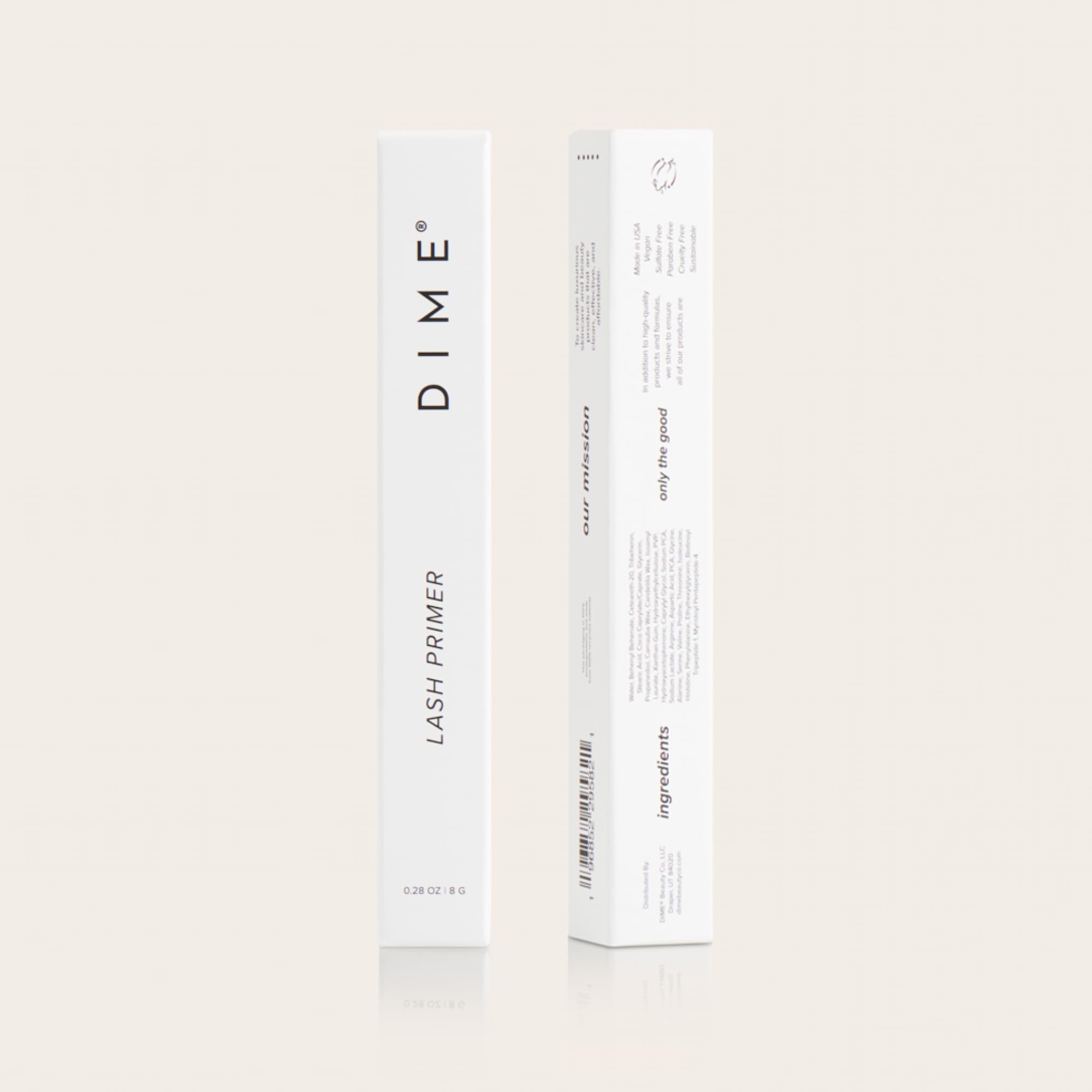 DIME Lash Primer ethics graphic highlights vegan, cruelty-free, and eco-friendly packaging.
