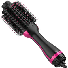 Dimecano hair dryer brush top view in black-pink showing ergonomic design for home styling.