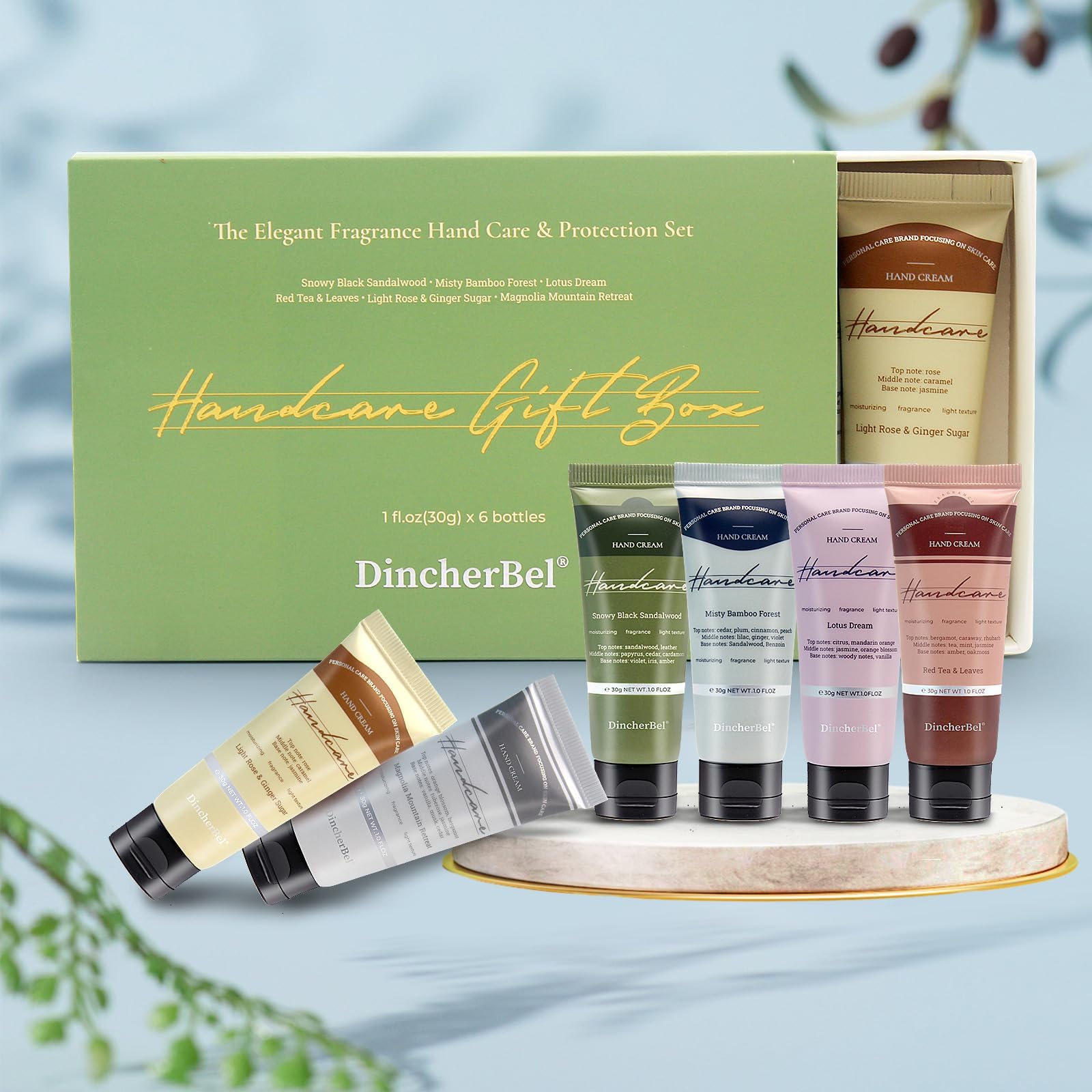 DincherBel Gift Set packaging image highlights six travel-size hand creams.