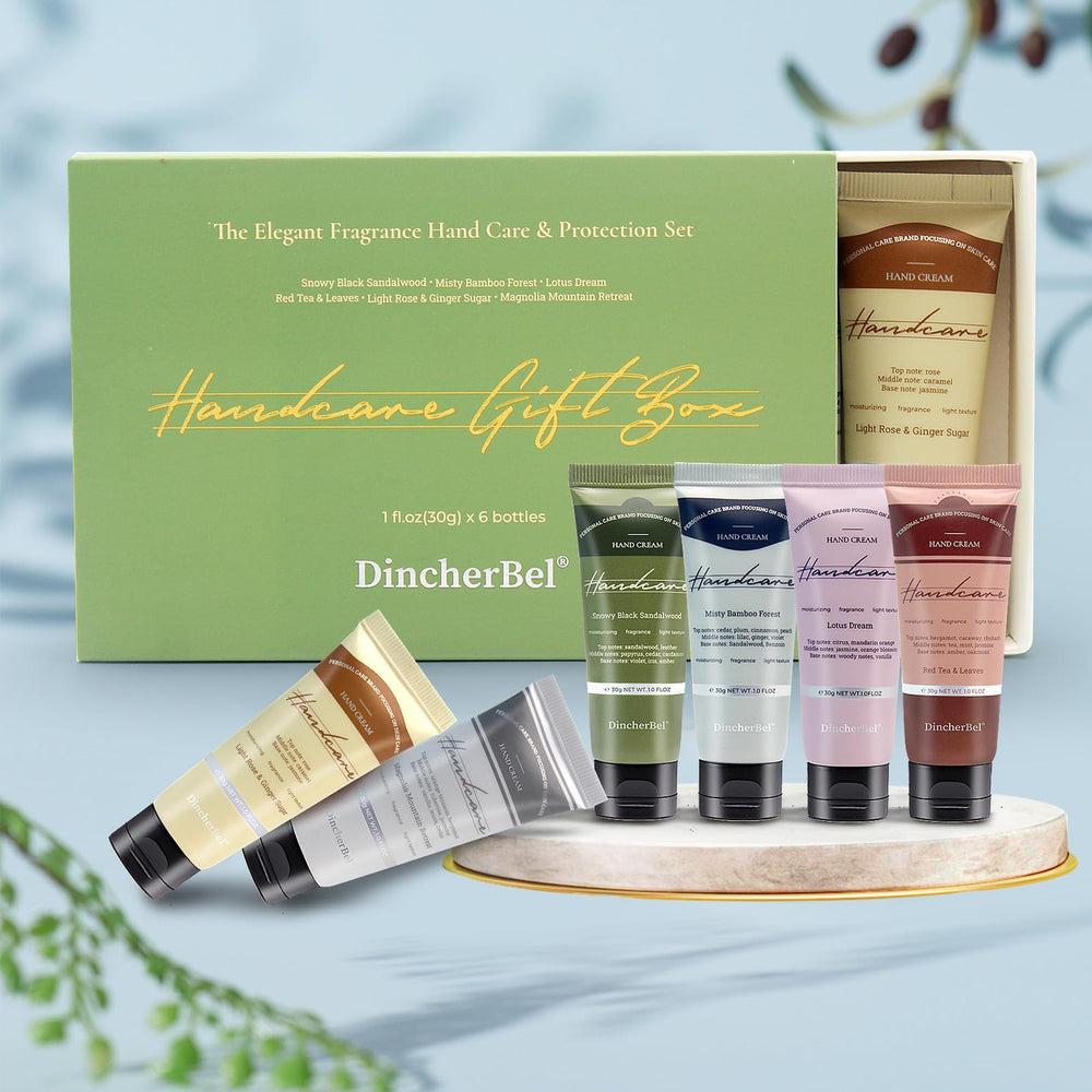 DincherBel Gift Set packaging image highlights six travel-size hand creams.