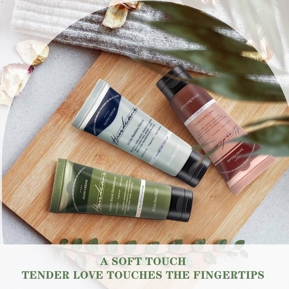DincherBel Magnolia Mountain Retreat hand cream pump on travel pack for on-the-go hydration.