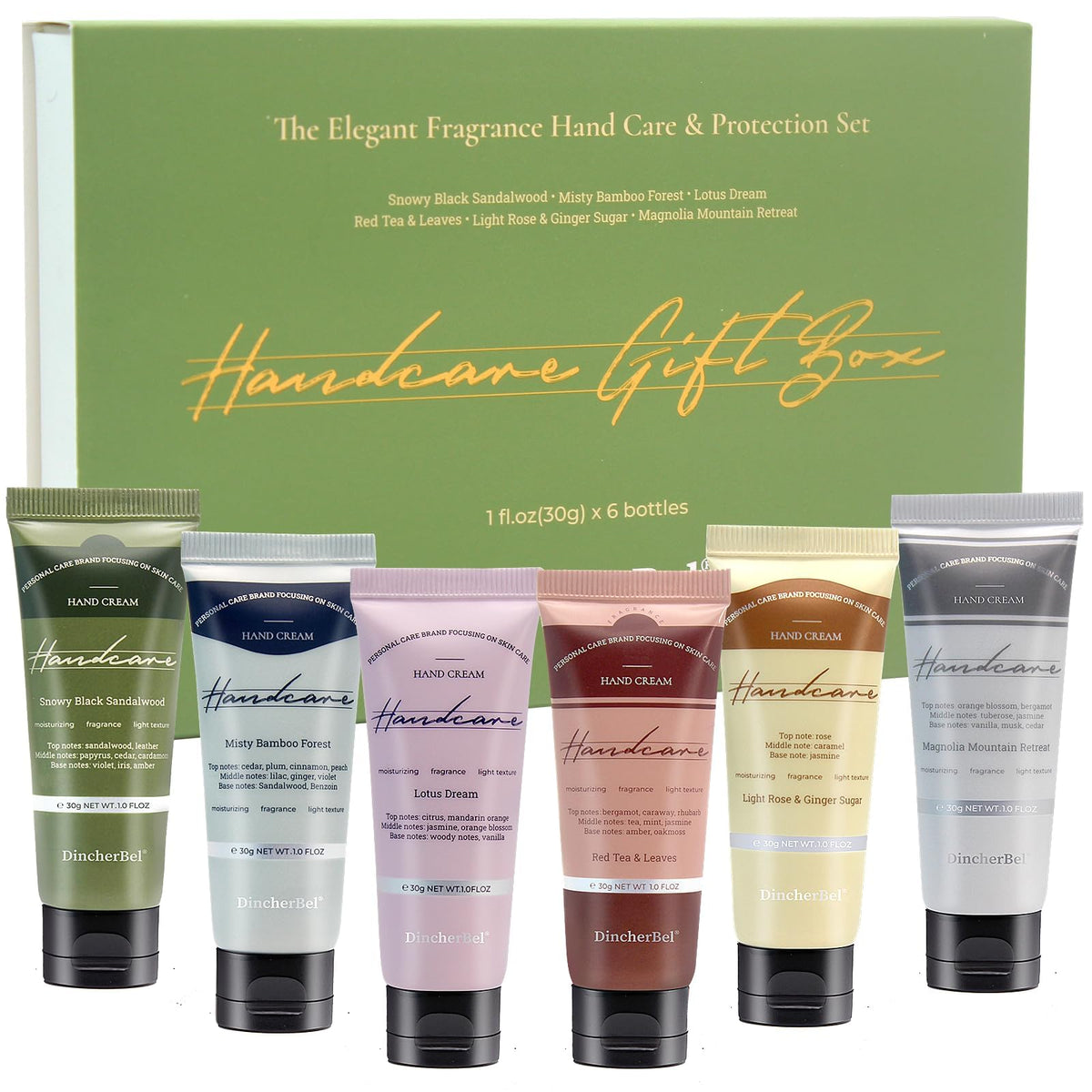DincherBel Snowy Black Sandalwood hand cream pour highlights hydration for dry skin.
