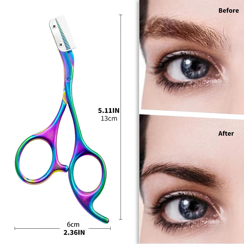 DINNAT Eyebrow Scissors with Comb rainbow hold demonstrates ergonomic grip during grooming