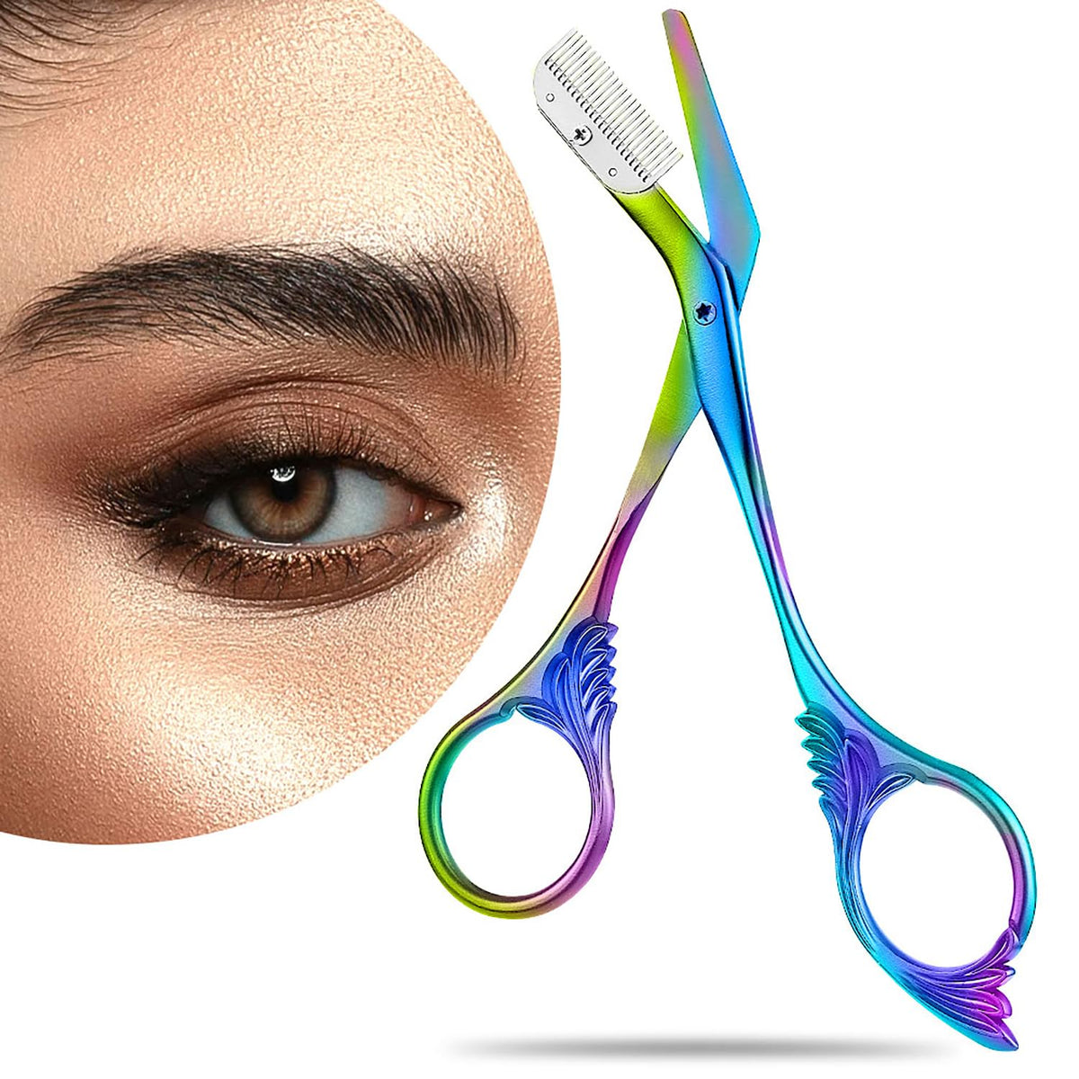 DINNAT Eyebrow Trimmer Scissor with Comb titanium closeup highlights sharp stainless blades for precision.
